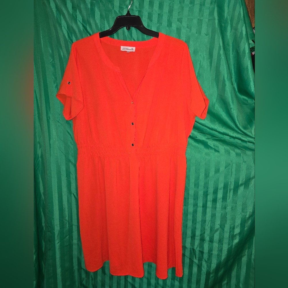 Love Blossom 3X Orange Faux Button-Down Pullover Dress V-Neck Elastic Waist